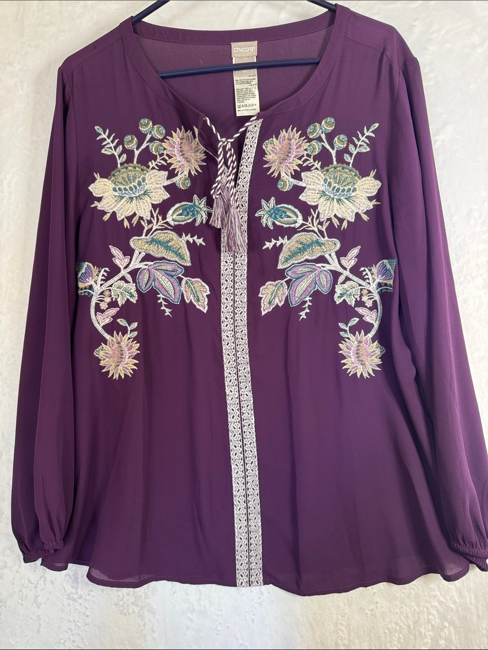 Chico's Plum Embroidered Long-Sleeve Tunic with Tassel Tie Size 3 16/18